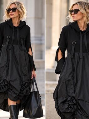 Madonna & Co. | Black Hooded Sculptural High Low Hem Dress | Size Medium